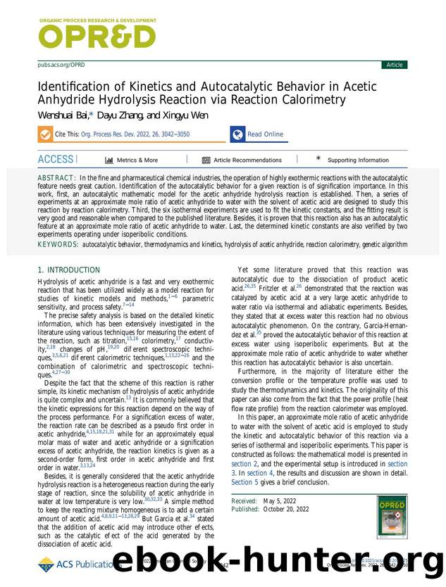 Identification of Kinetics and Autocatalytic Behavior in Acetic Anhydride Hydrolysis Reaction via Reaction Calorimetry by Wenshuai Bai Dayu Zhang and Xingyu Wen