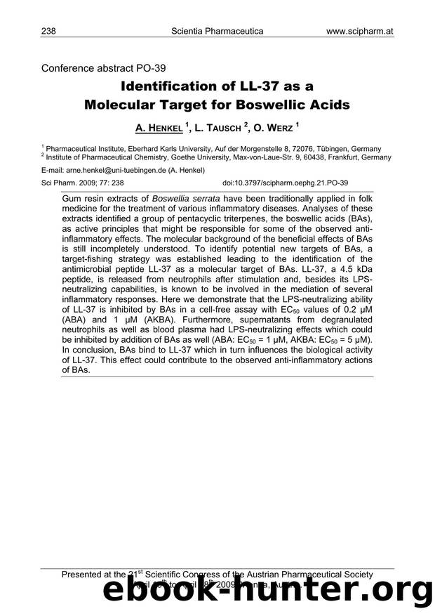 Identification of LL-37 as a Molecular Target for Boswellic Acids by A. HENKEL & L. TAUSCH & O. WERZ