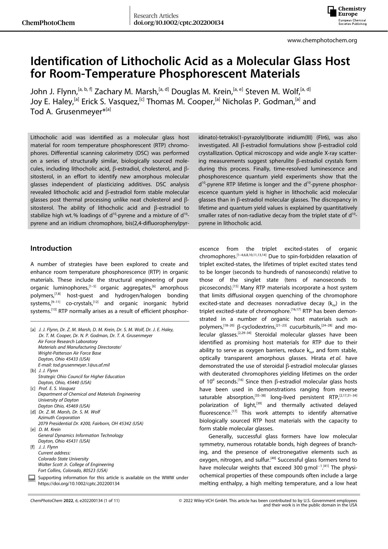 Identification of Lithocholic Acid as a Molecular Glass Host for RoomâTemperature Phosphorescent Materials by Unknown