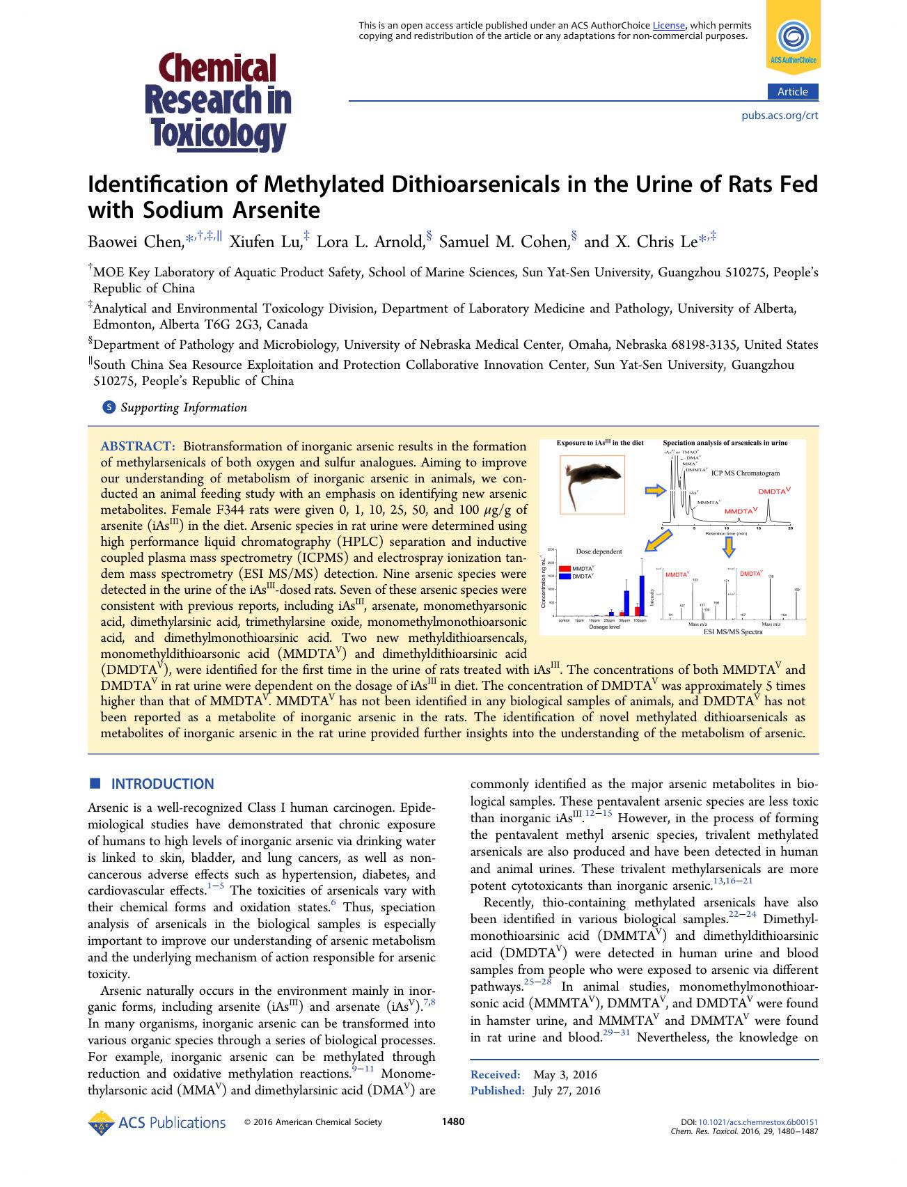Identification of Methylated Dithioarsenicals in the Urine of Rats Fed with Sodium Arsenite by Baowei Chen Xiufen Lu Lora L. Arnold Samuel M. Cohen and X. Chris Le