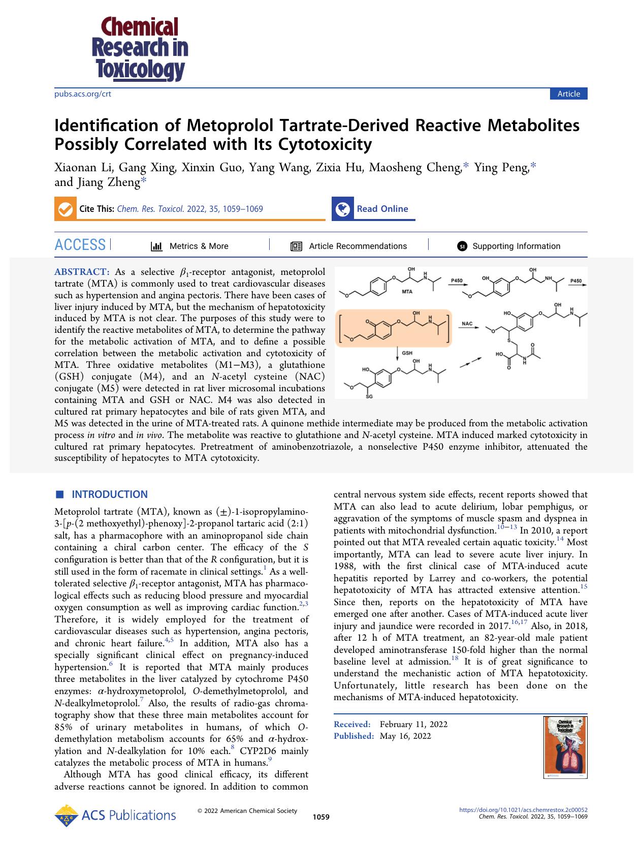 Identification of Metoprolol Tartrate-Derived Reactive Metabolites Possibly Correlated with Its Cytotoxicity by Xiaonan Li Gang Xing Xinxin Guo Yang Wang Zixia Hu Maosheng Cheng Ying Peng and Jiang Zheng
