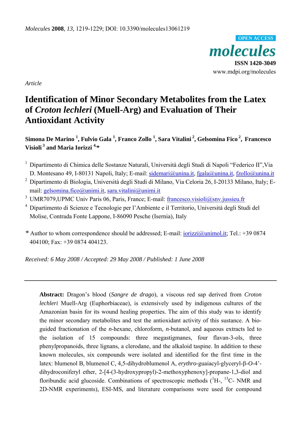 Identification of Minor Secondary Metabolites from the Latex of Croton lechleri (Muell-Arg) and Evaluation of Their Antioxidant Activity by unknow