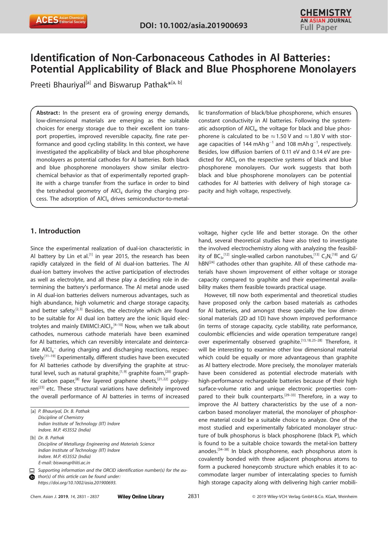 Identification of NonâCarbonaceous Cathodes in Al Batteries: Potential Applicability of Black and Blue Phosphorene Monolayers by Unknown