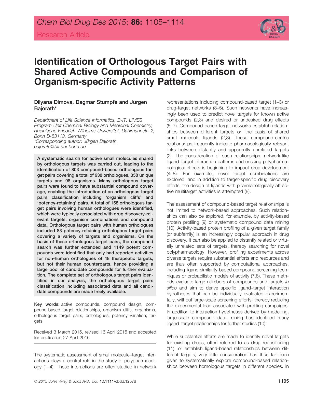 Identification of Orthologous Target Pairs with Shared Active Compounds and Comparison of Organism‐specific Activity Patterns by unknow