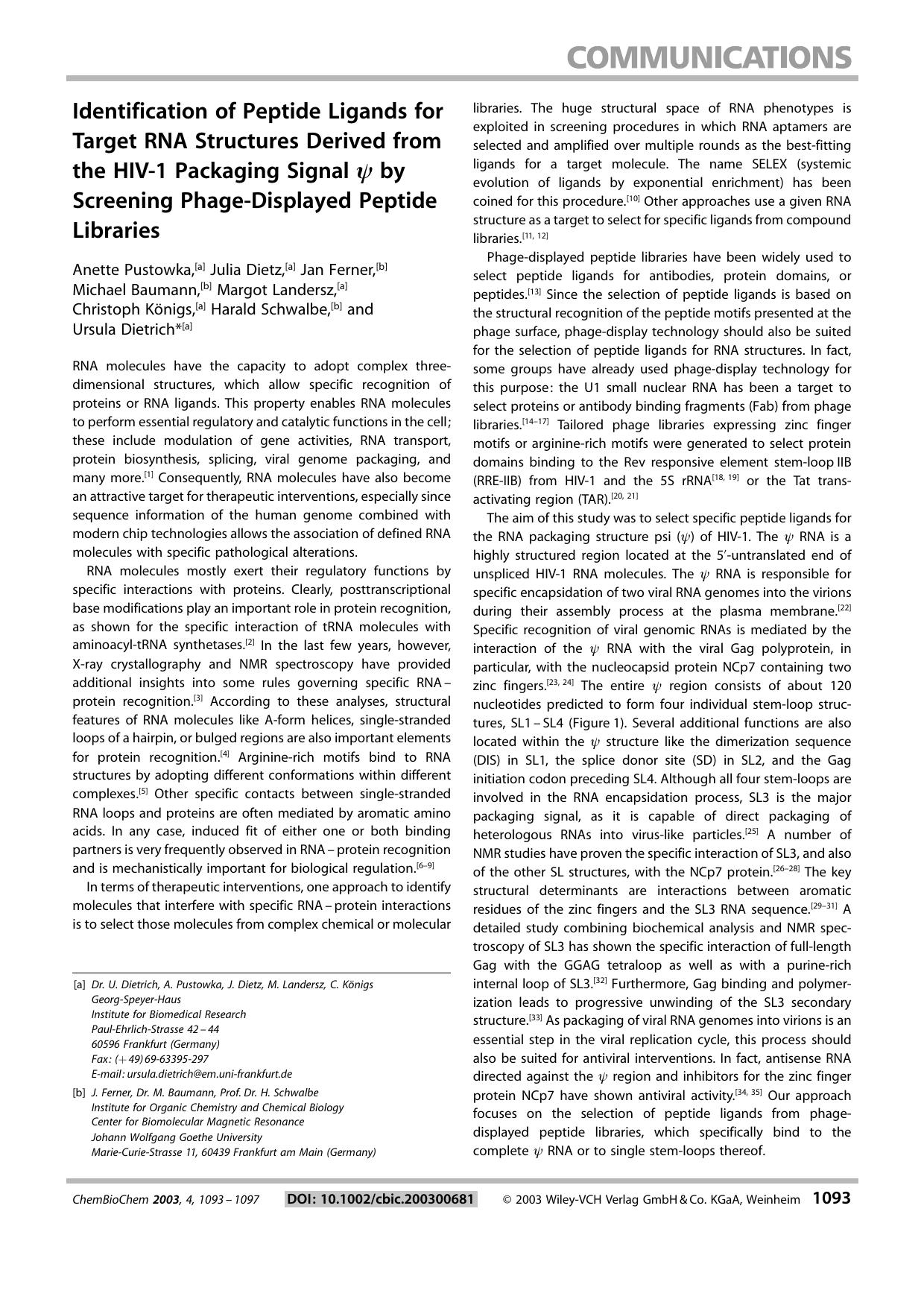 Identification of Peptide Ligands for Target RNA Structures Derived from the HIV-1 Packaging Signal [psi] by Screening Phage-Displayed Peptide Libraries by Unknown