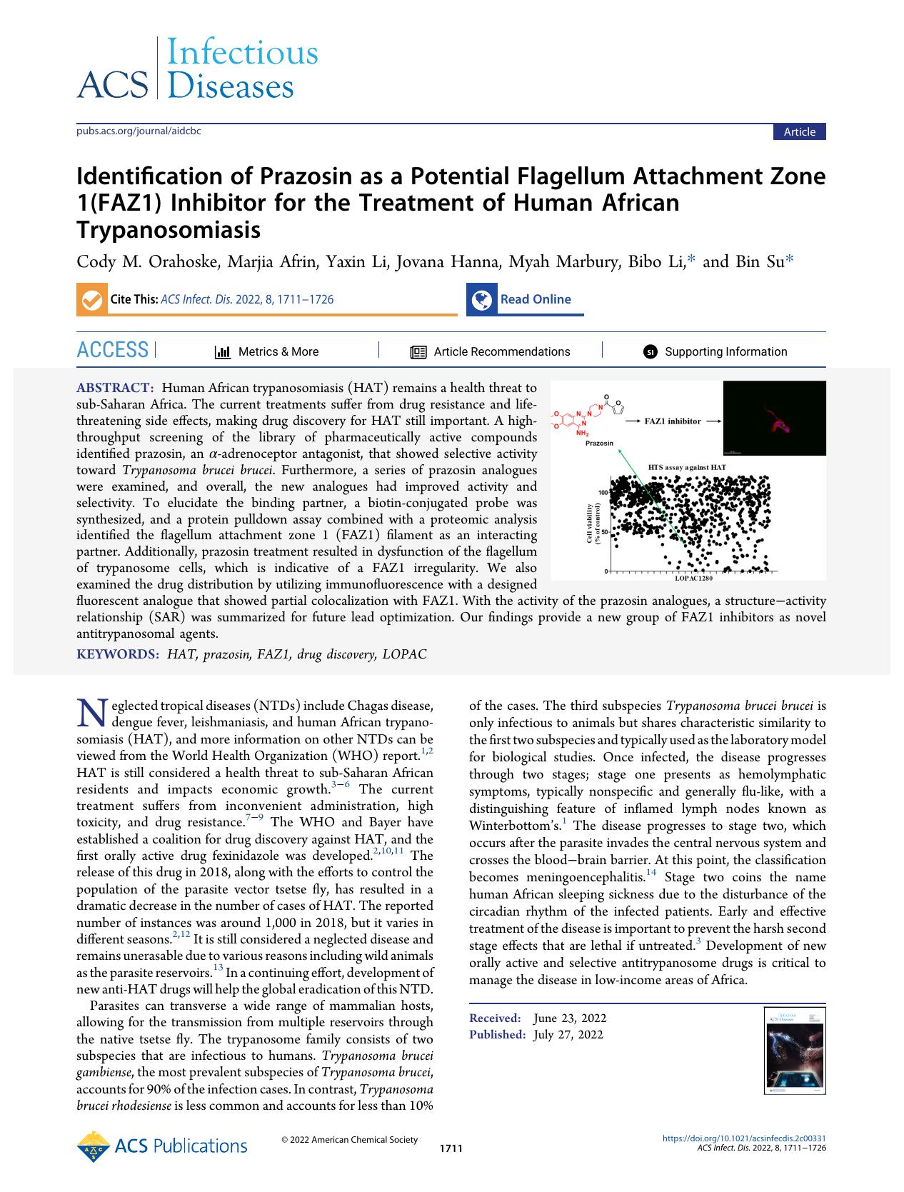 Identification of Prazosin as a Potential Flagellum Attachment Zone 1(FAZ1) Inhibitor for the Treatment of Human African Trypanosomiasis by Cody M. Orahoske Marjia Afrin Yaxin Li Jovana Hanna Myah Marbury Bibo Li and Bin Su