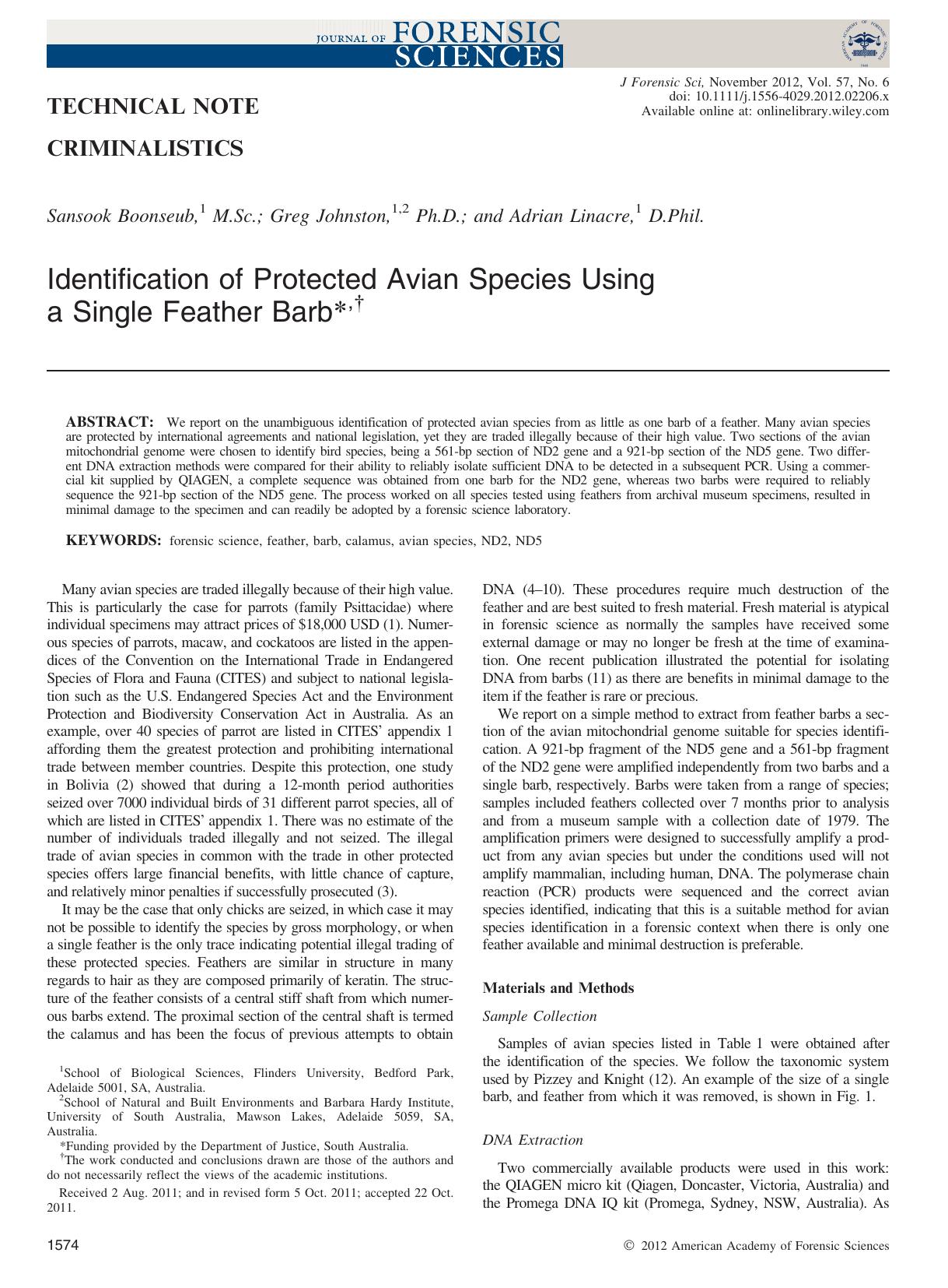 Identification of Protected Avian Species Using a Single Feather Barb*,Ã¢â¢â¬ by Unknown