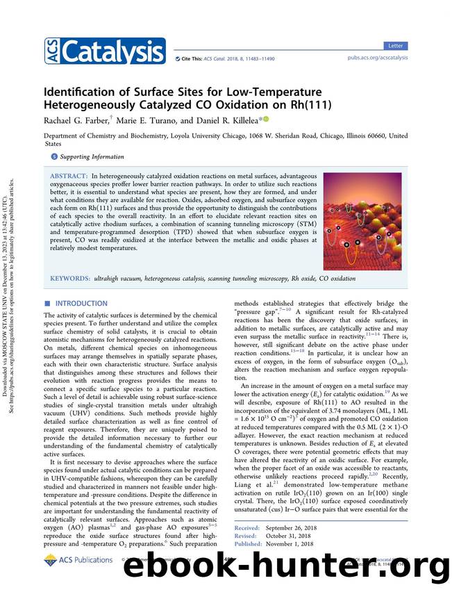 Identification of Surface Sites for Low-Temperature Heterogeneously Catalyzed CO Oxidation on Rh(111) by Rachael G. Farber Marie E. Turano & Daniel R. Killelea