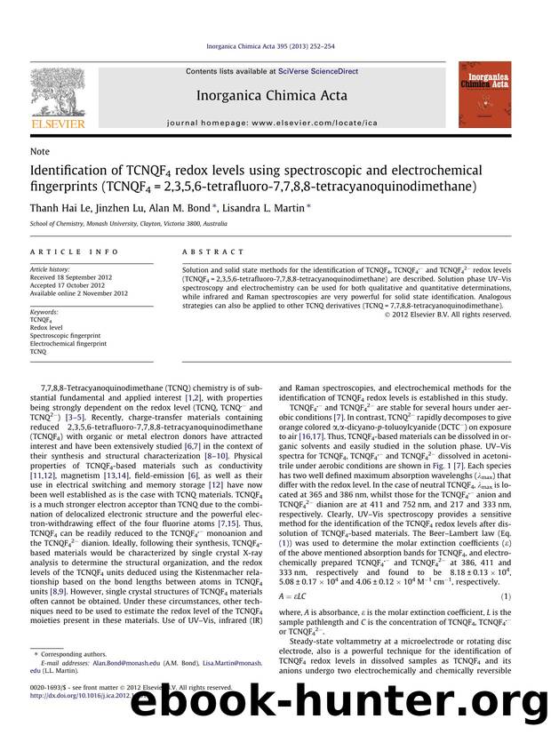 Identification of TCNQF4 redox levels using spectroscopic and electrochemical fingerprints (TCNQF4=2,3,5,6-tetrafluoro-7,7,8,8-tetracyanoquinodimethane) by Thanh Hai Le & Jinzhen Lu & Alan M. Bond & Lisandra L. Martin