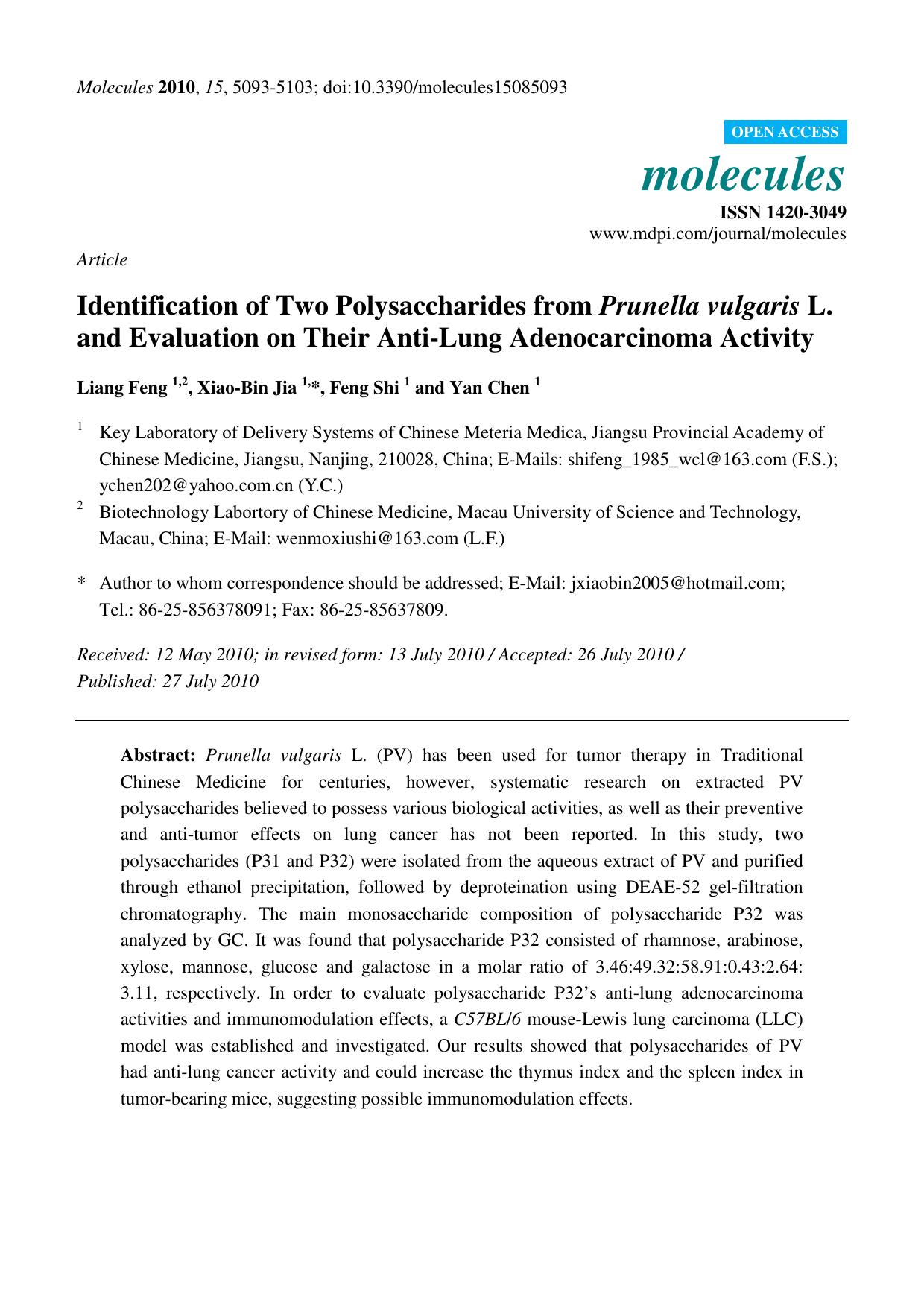 Identification of Two Polysaccharides from Prunella vulgaris L. and Evaluation on Their Anti-Lung Adenocarcinoma Activity by Liang Feng & Xiao-Bin Jia & Feng Shi & Yan Chen