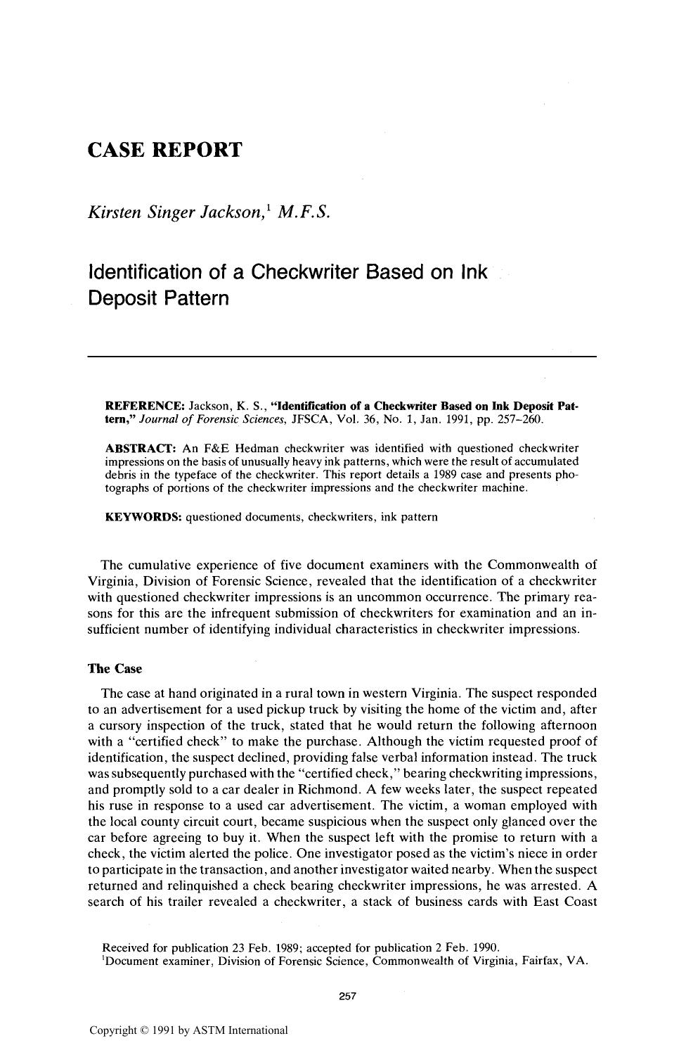 Identification of a Checkwriter Based on Ink Deposit Pattern by Jackson KS