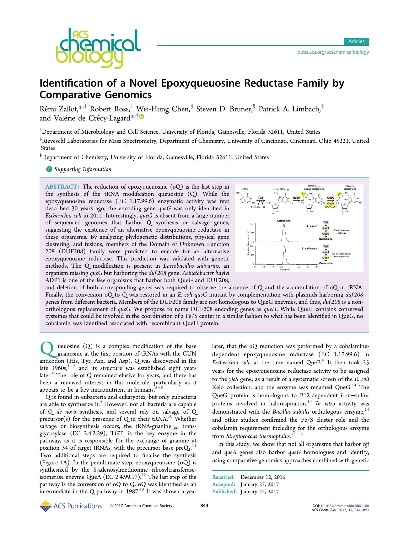 Identification of a Novel Epoxyqueuosine Reductase Family by Comparative Genomics by unknow