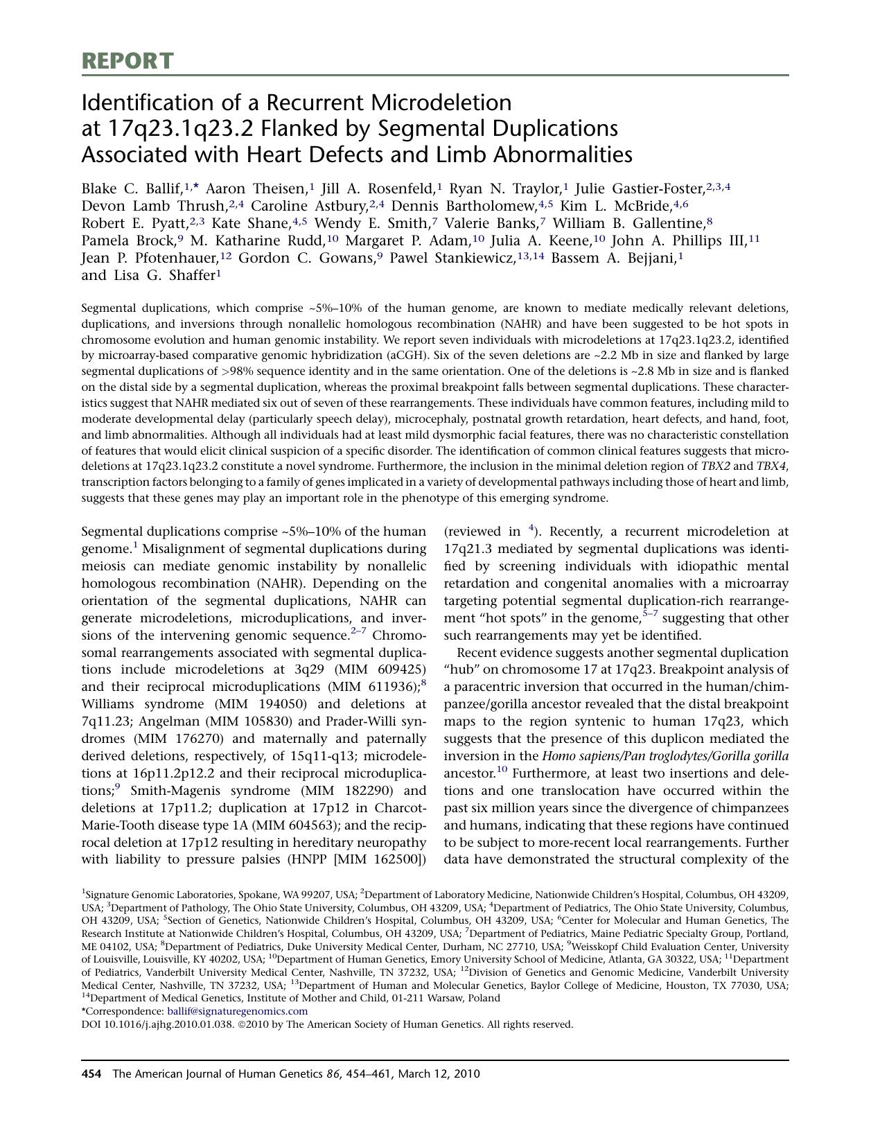 Identification of a Recurrent Microdeletion at 17q23.1q23.2 Flanked by Segmental Duplications Associated with Heart Defects and Limb Abnormalities by unknow