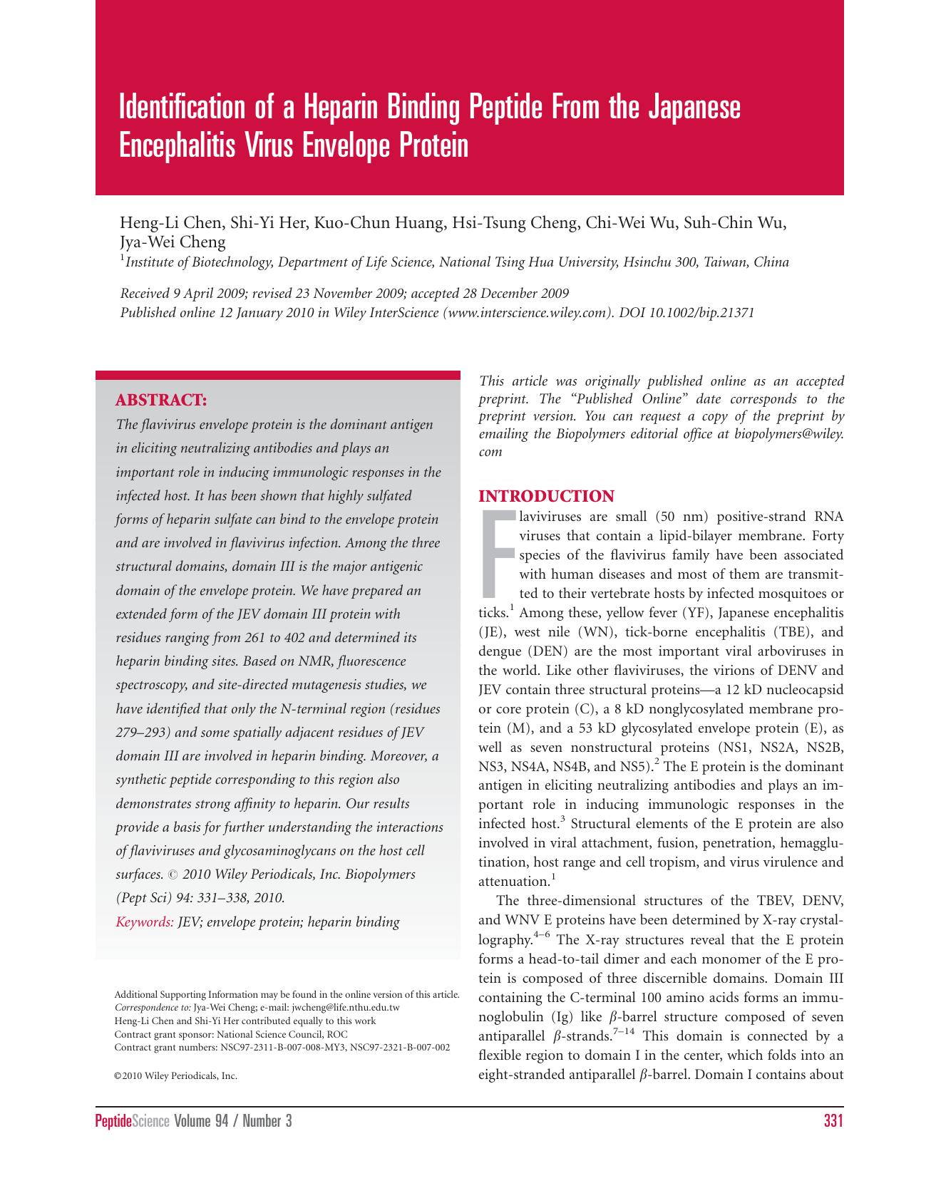 Identification of a heparin binding peptide from the Japanese encephalitis virus envelope protein by Unknown