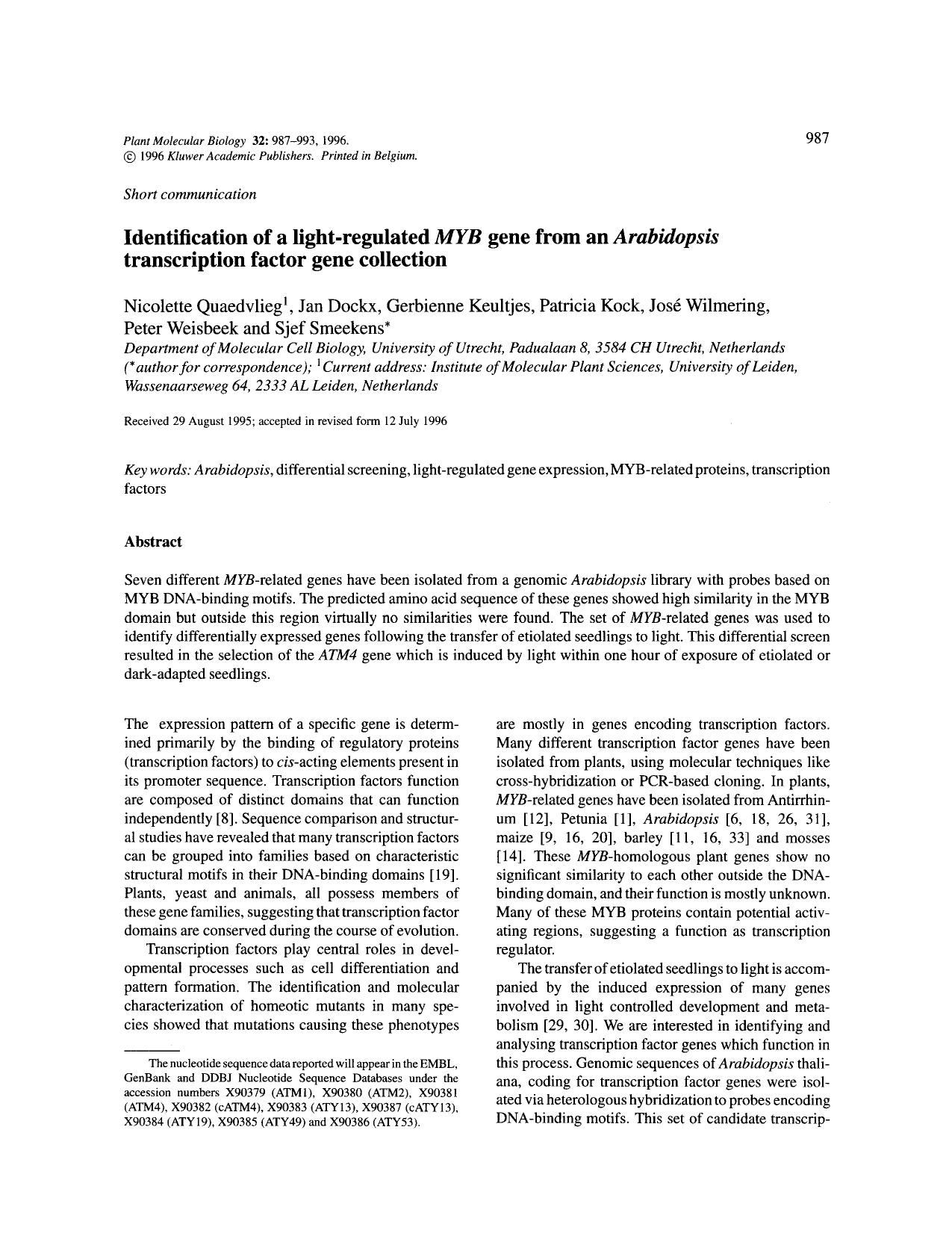 Identification of a light-regulated <Emphasis Type="Italic">MYB<Emphasis> gene from an <Emphasis Type="Italic">Arabidopsis<Emphasis> transcription factor gene collection by Unknown