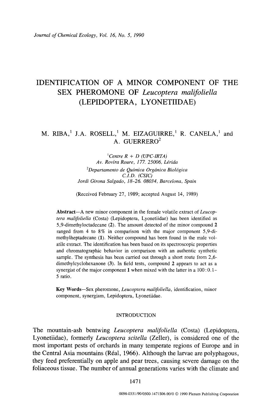 Identification of a minor component of the sex pheromone of <Emphasis Type="Italic">Leucoptera malifoliella <Emphasis> (Lepidoptera, lyonetiidae) by Unknown