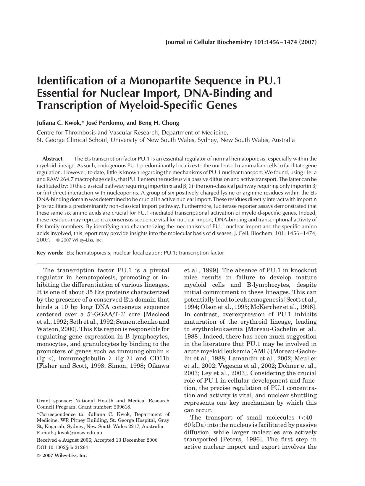 Identification of a monopartite sequence in PU.1 essential for nuclear import, DNA-binding and transcription of myeloid-specific genes by Unknown