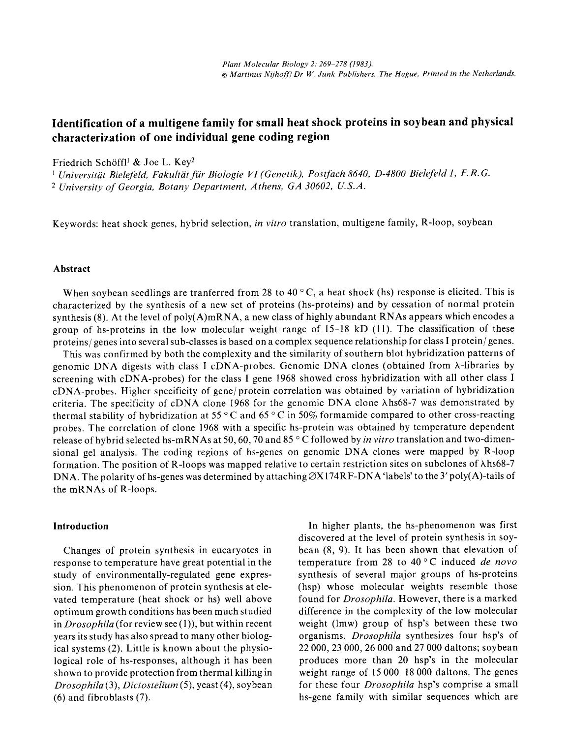 Identification of a multigene family for small heat shock proteins in soybean and physical characterization of one individual gene coding region by Unknown