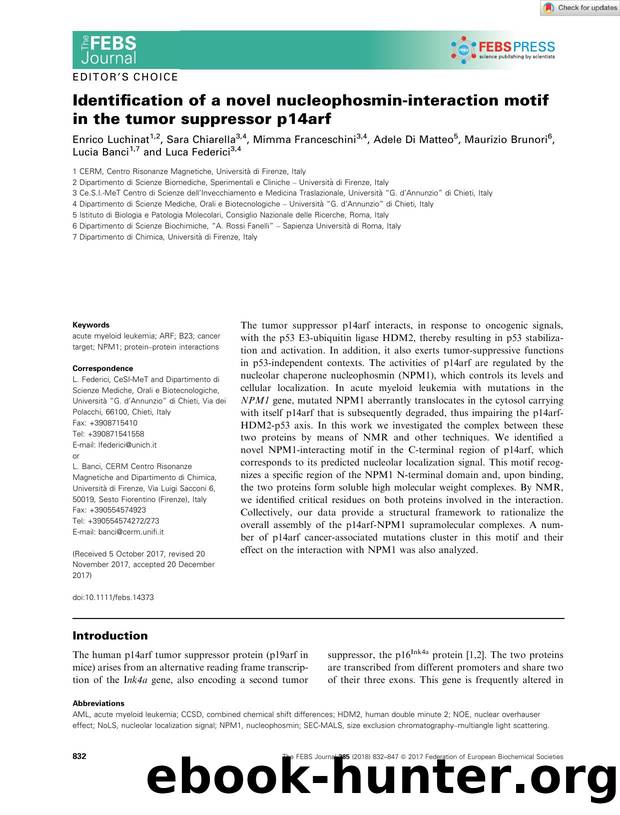 Identification of a novel nucleophosminâinteraction motif in the tumor suppressor p14arf by Unknown