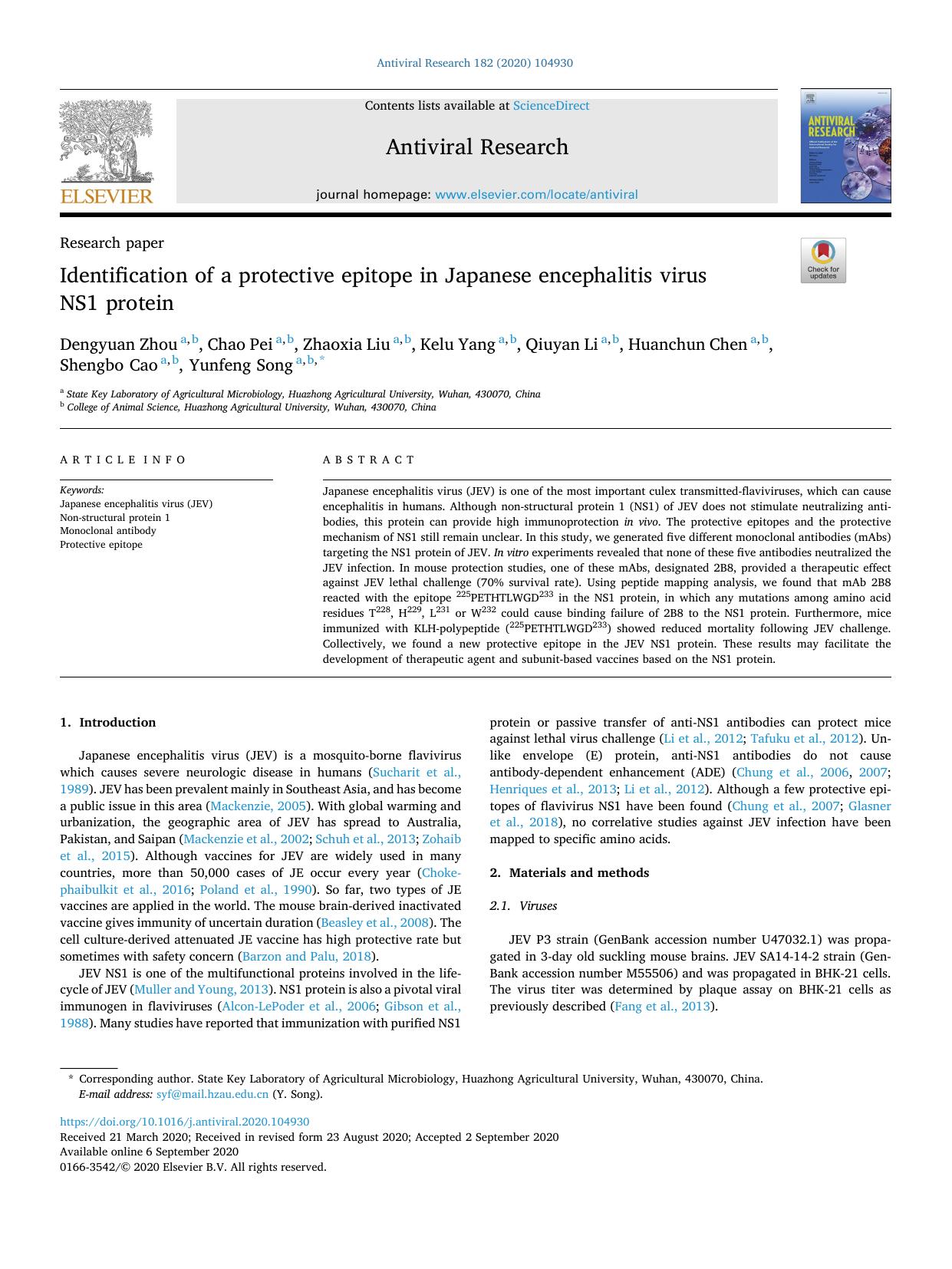 Identification of a protective epitope in Japanese encephalitis virus NS1 protein by Dengyuan Zhou