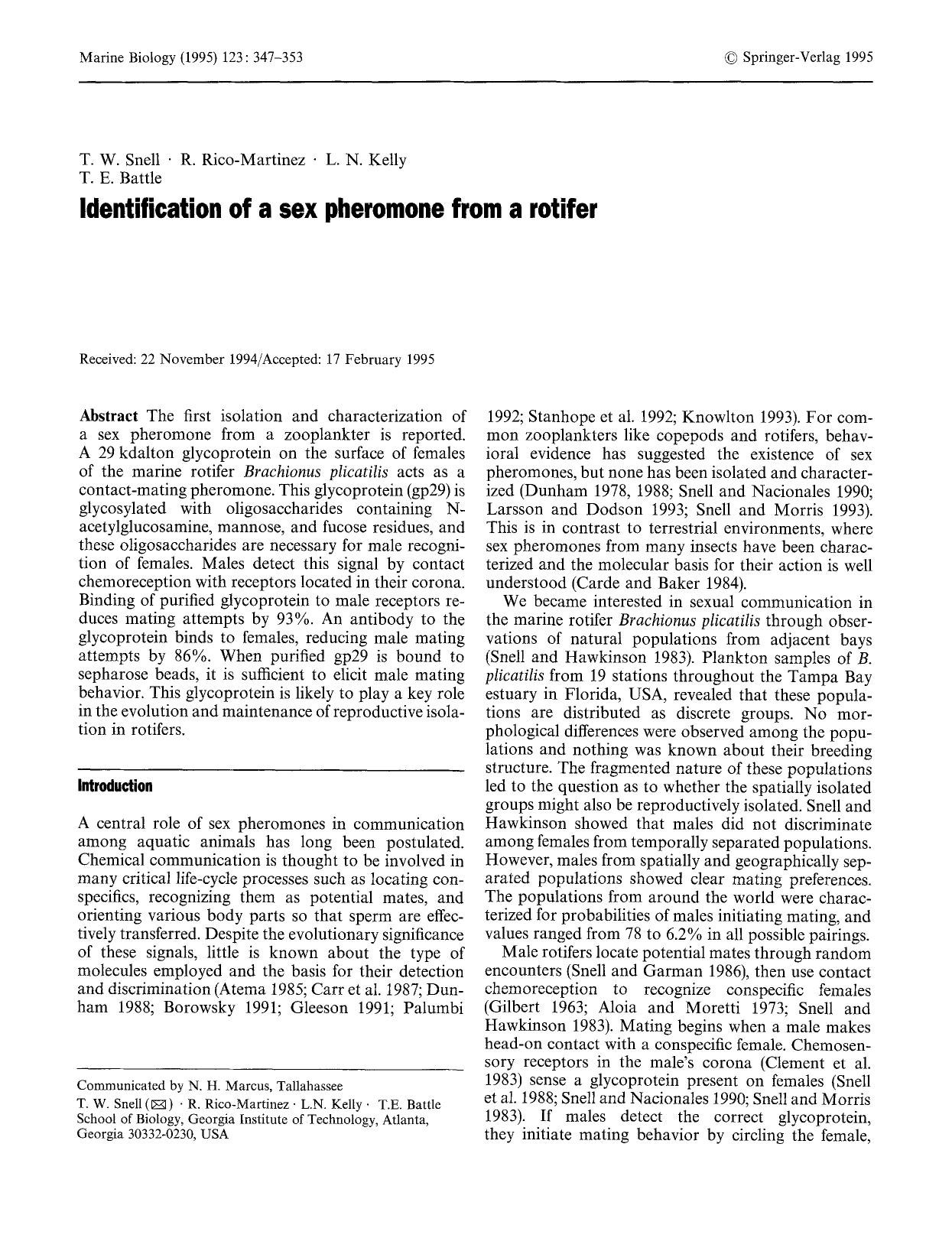 Identification of a sex pheromone from a rotifer by Unknown