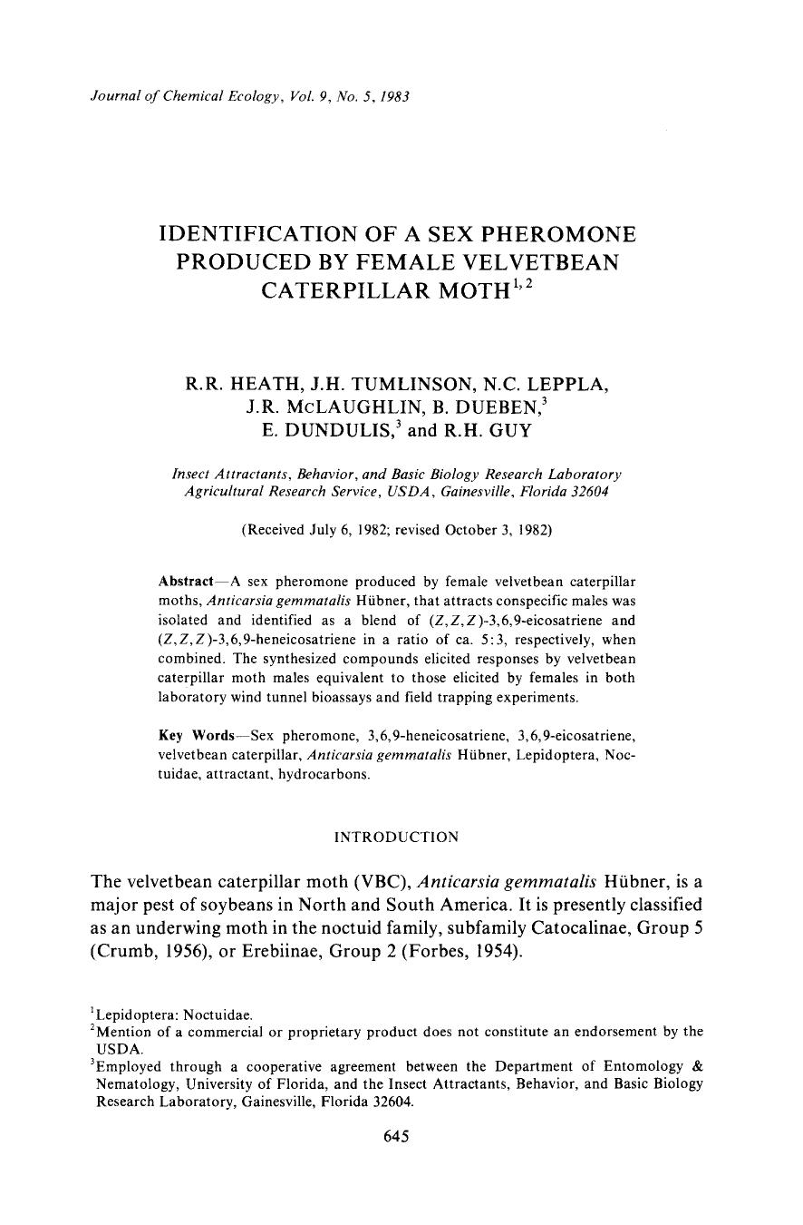 Identification of a sex pheromone produced by female velvetbean caterpillar moth by Unknown