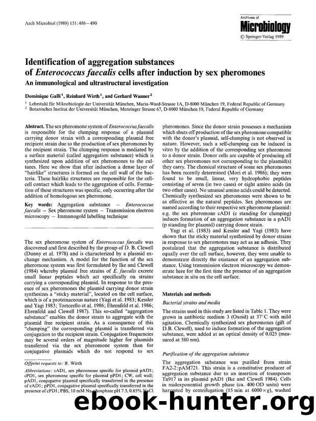 Identification of aggregation substances of <Emphasis Type="Italic">Enterococcus faecalis<Emphasis> cells after induction by sex pheromones by Unknown