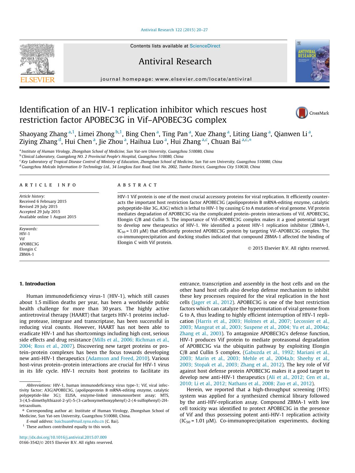 Identification of an HIV-1 replication inhibitor which rescues host restriction factor APOBEC3G in VifÃ¢â¬âAPOBEC3G complex by unknow