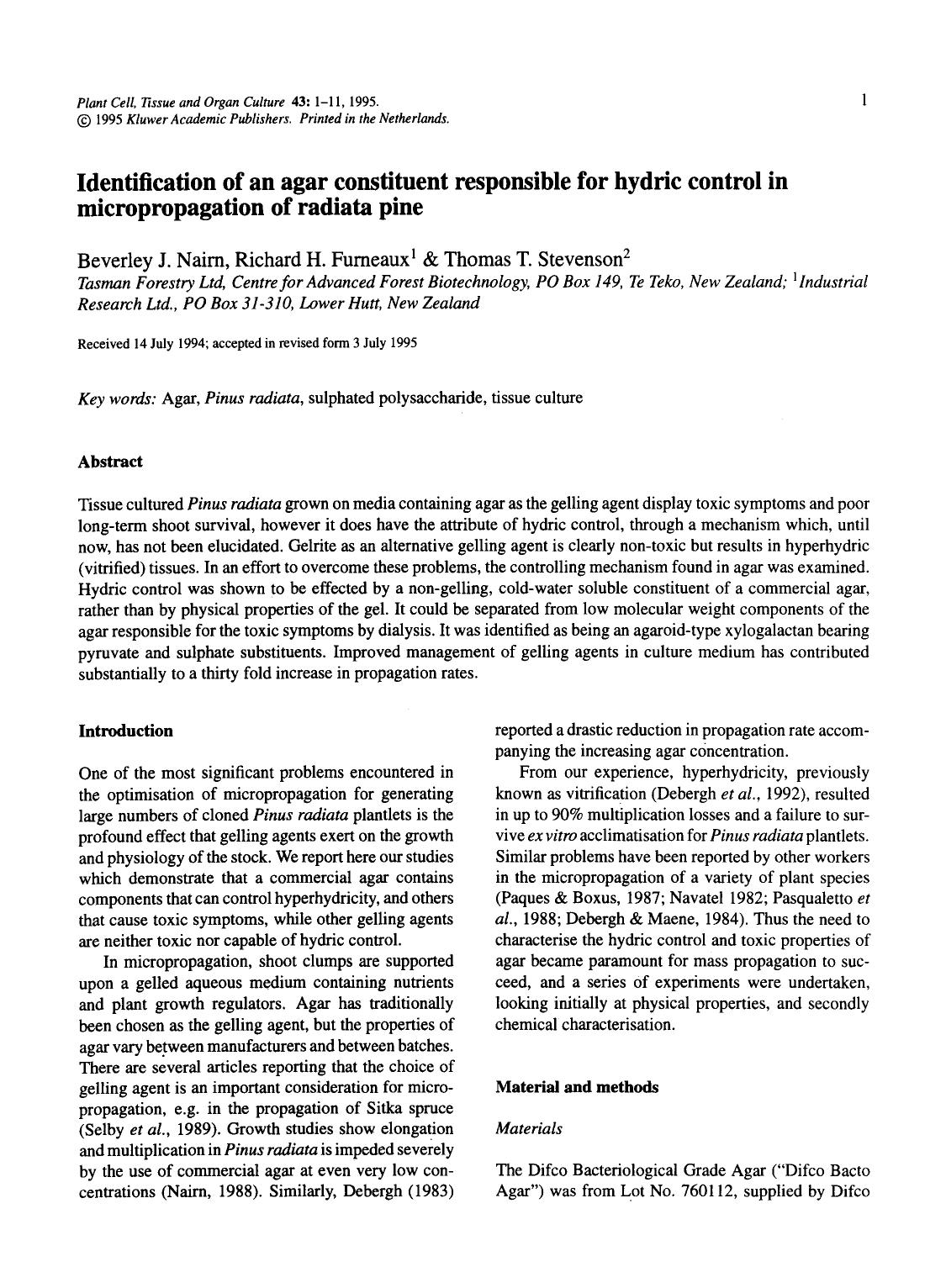 Identification of an agar constituent responsible for hydric control in micropropagation of radiata pine by Unknown