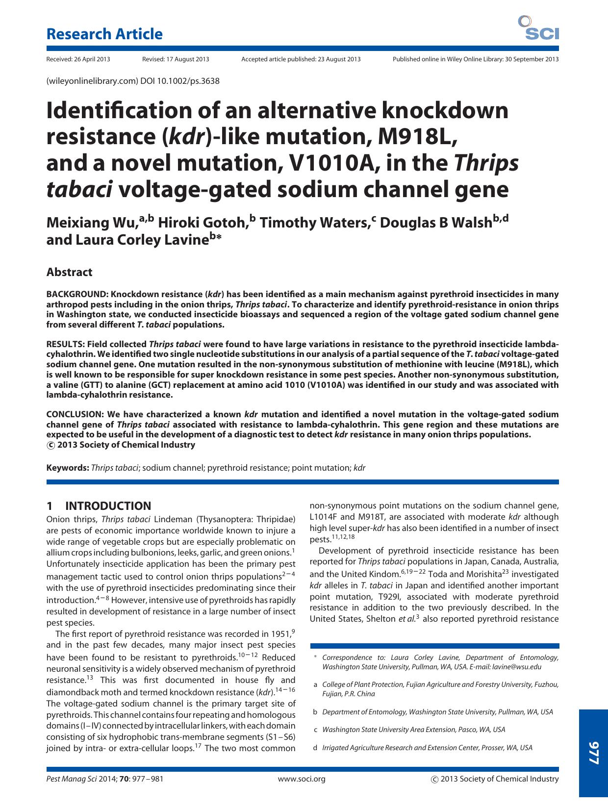Identification of an alternative knockdown resistance (kdr)like mutation, M918L, and a novel mutation, V1010A, in the Thrips tabaci voltagegated sodium channel gene by Unknown