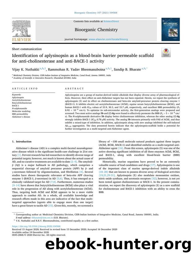 Identification of aplysinopsin as a blood-brain barrier permeable scaffold for anti-cholinesterase and anti-BACE-1 activity by Vijay K. Nuthakki & Rammohan R. Yadav Bheemanaboina & Sandip B. Bharate