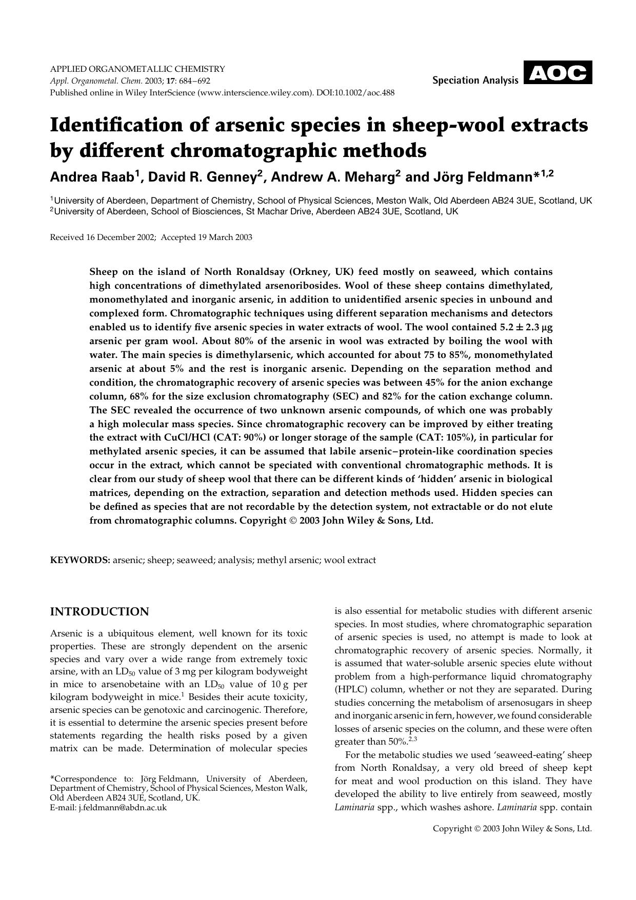 Identification of arsenic species in sheep-wool extracts by different chromatographic methods by Unknown