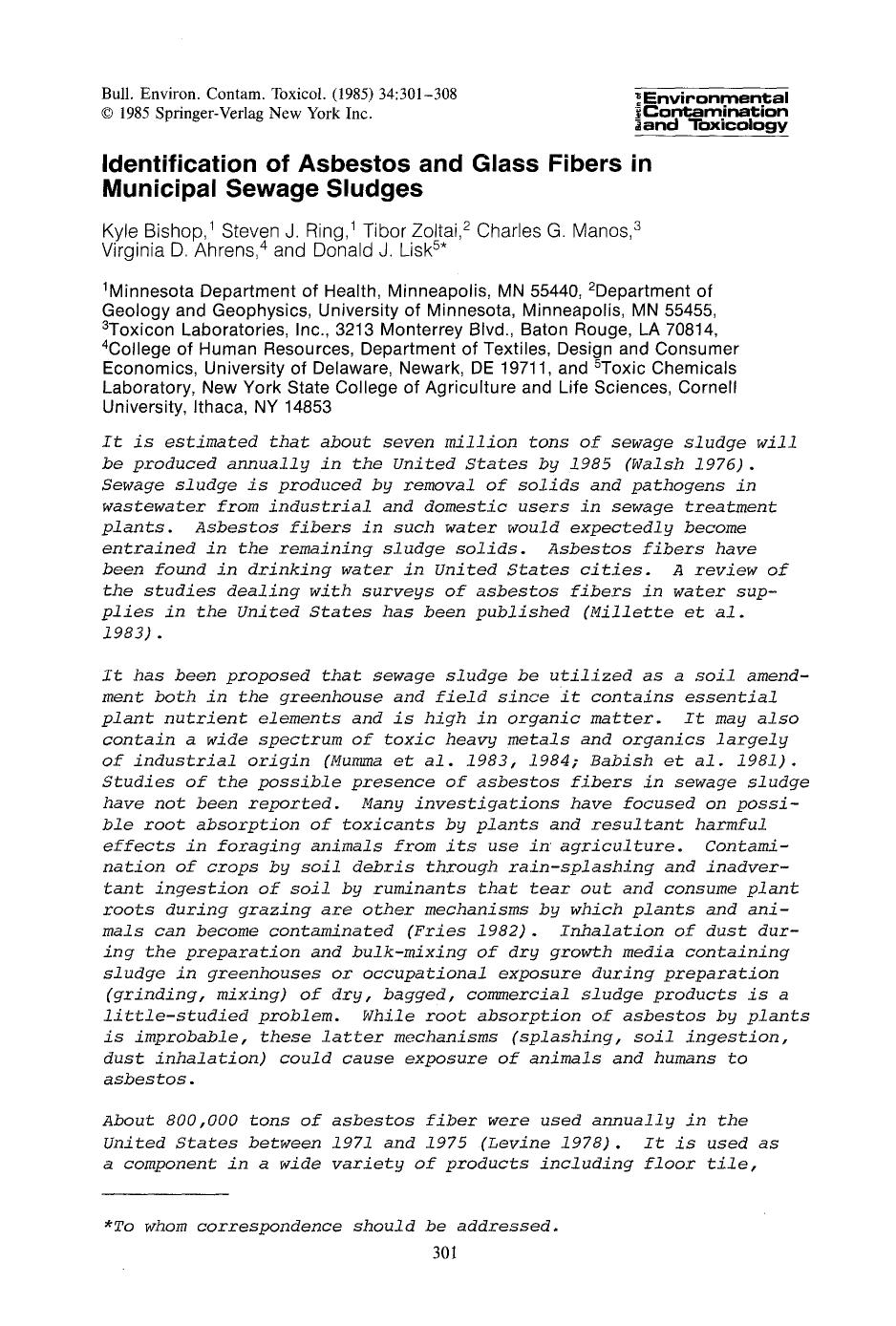 Identification of asbestos and glass fibers in municipal sewage sludges by Unknown