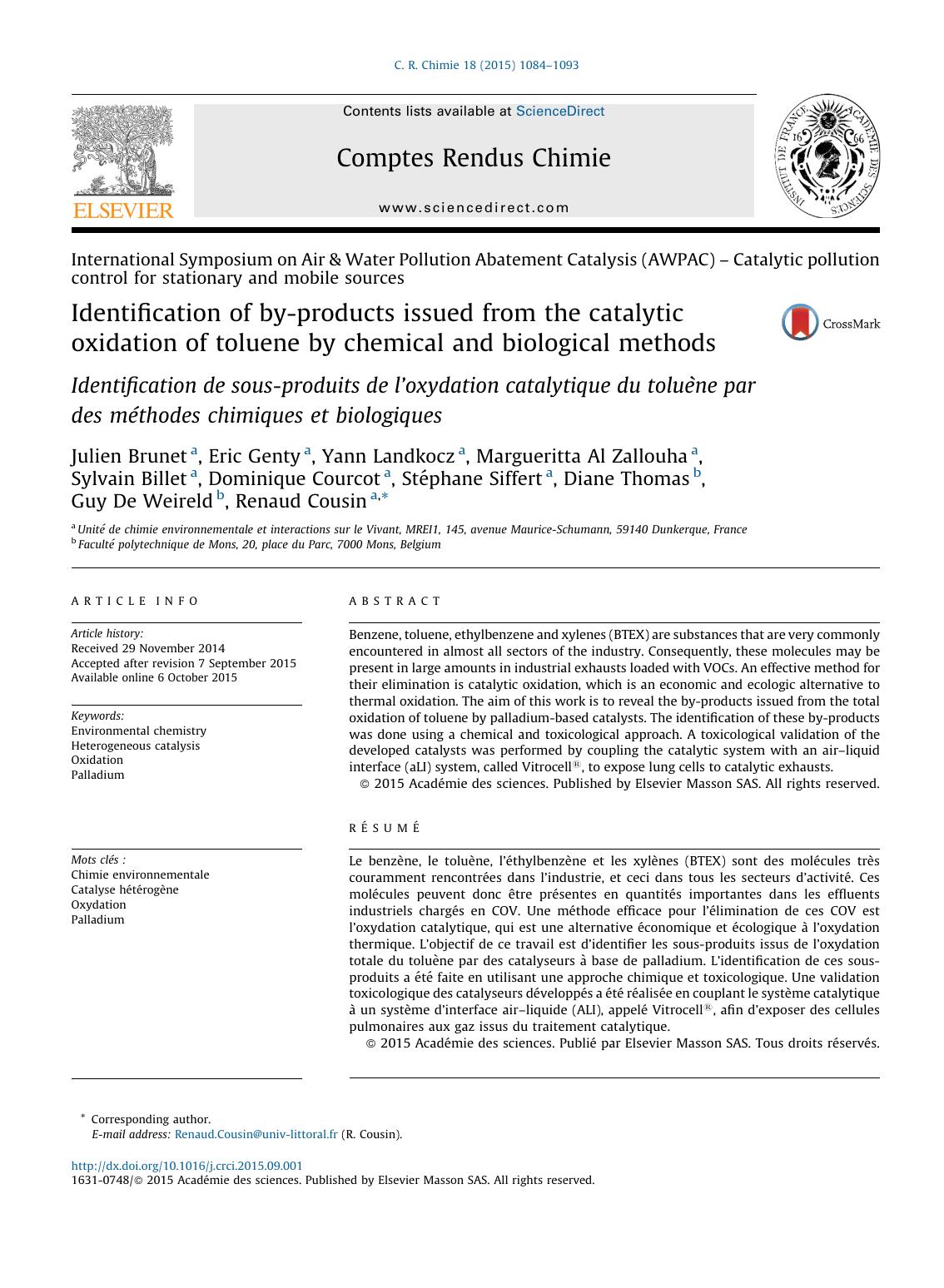 Identification of by-products issued from the catalytic oxidation of toluene by chemical and biological methods by unknow