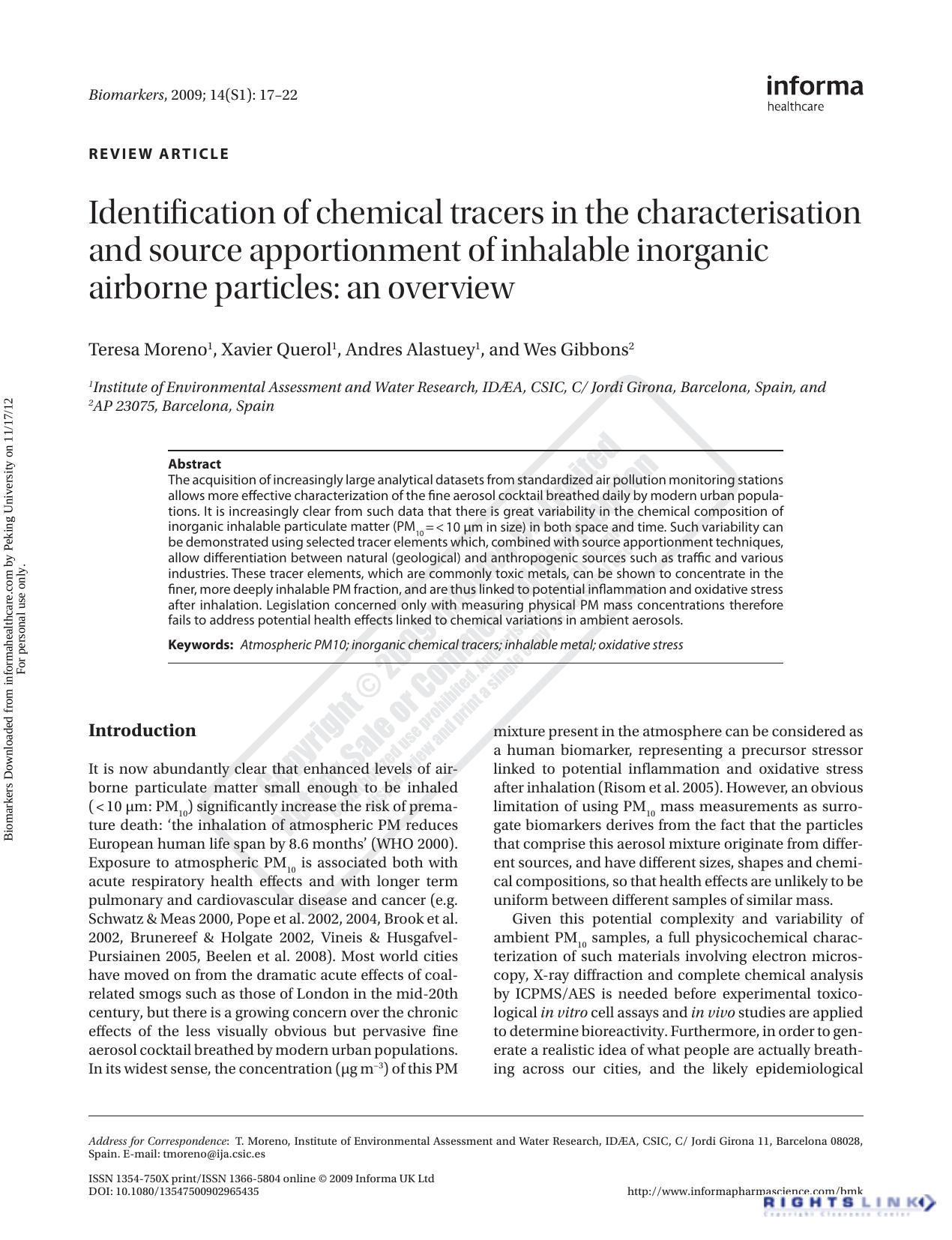 Identification of chemical tracers in the characterisation and source apportionment of inhalable inorganic airborne particles: an overview by Teresa Moreno Xavier Querol Andres Alastuey & Wes Gibbons