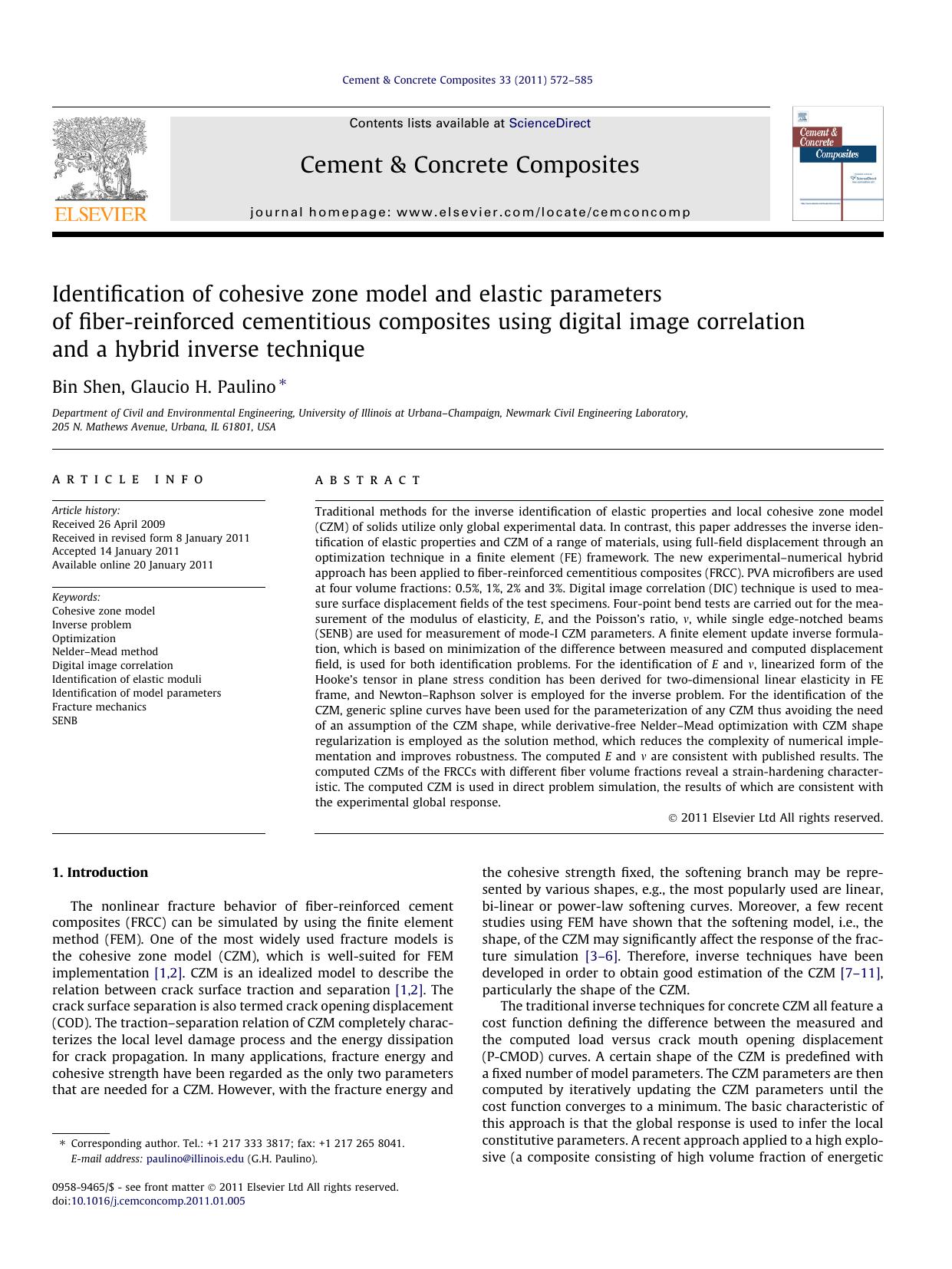 Identification of cohesive zone model and elastic parameters of fiber-reinforced cementitious composites using digital image correlation and a hybrid inverse technique by Bin Shen & Glaucio H. Paulino