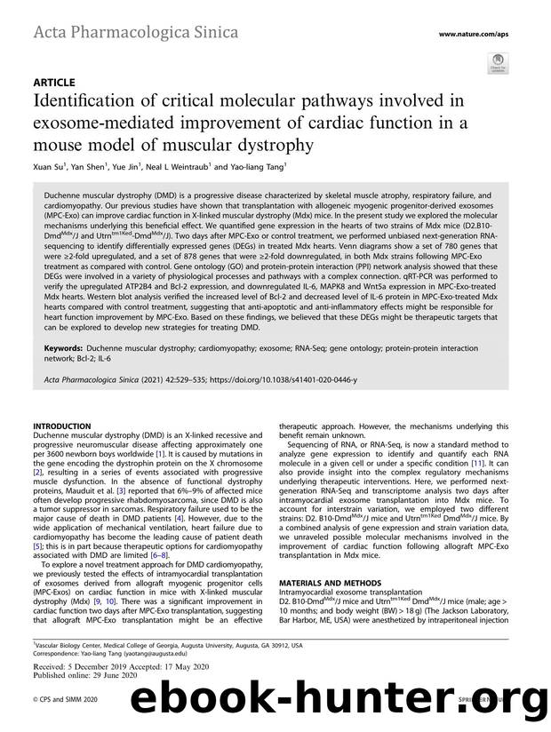 Identification of critical molecular pathways involved in exosome-mediated improvement of cardiac function in a mouse model of muscular dystrophy by Xuan Su & Yan Shen & Yue Jin & Neal L Weintraub & Yao-liang Tang