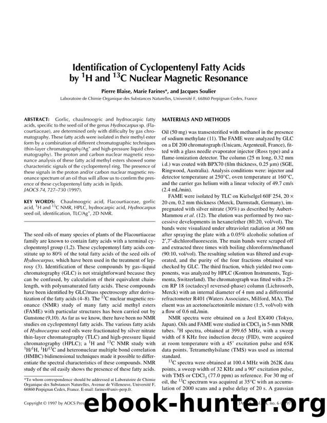 Identification of cyclopentenyl fatty acids by  <Superscript>1 <Superscript>H and  <Superscript>13 <Superscript>C nuclear magnetic resonance by Unknown