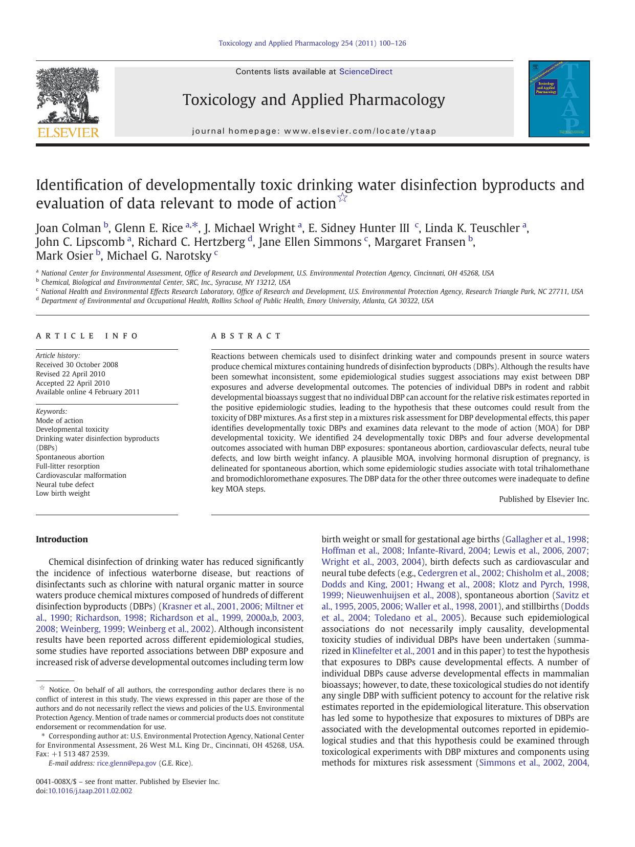 Identification of developmentally toxic drinking water disinfection byproducts and evaluation of data relevant to mode of action by unknow
