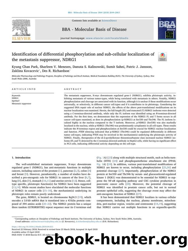 Identification of differential phosphorylation and sub-cellular localization of the metastasis suppressor, NDRG1 by unknow