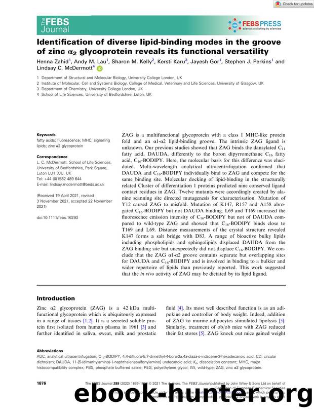 Identification of diverse lipidâbinding modes in the groove of zinc Î±2 glycoprotein reveals its functional versatility by Unknown