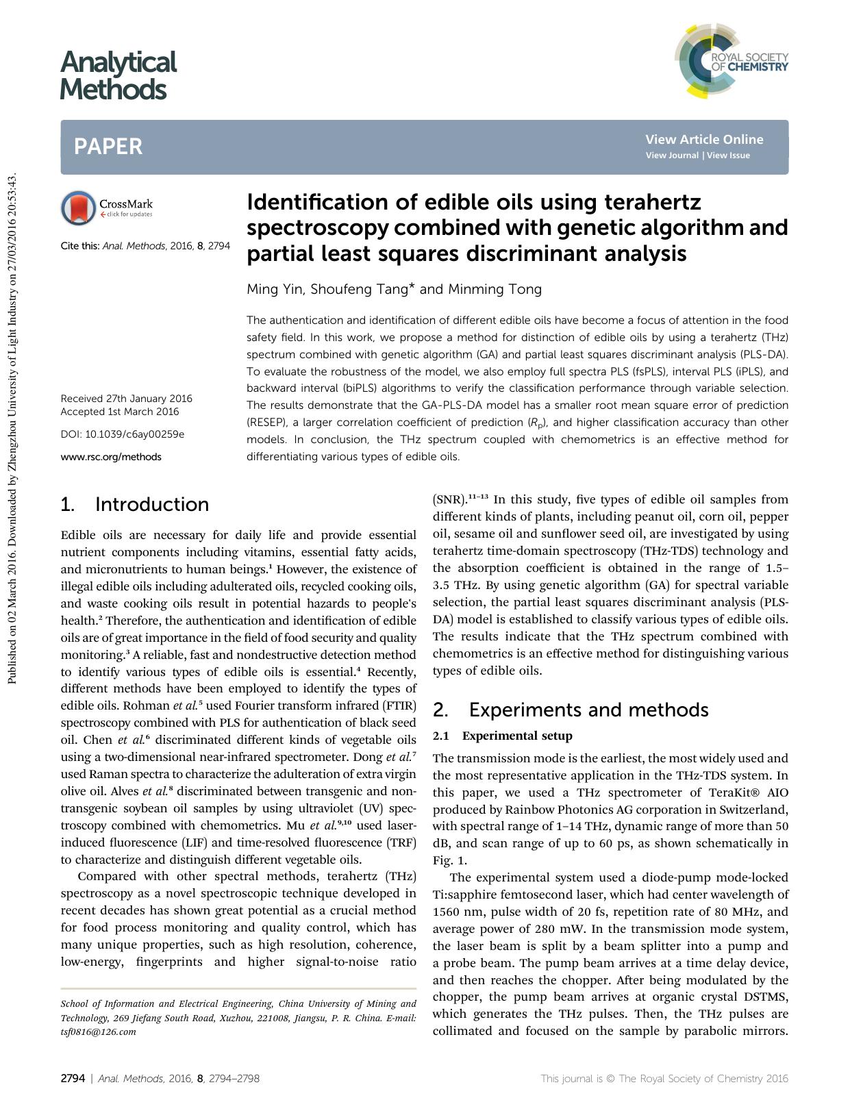 Identification of edible oils using terahertz spectroscopy combined with genetic algorithm and partial least squares discriminant analysis by Ming Yin & Shoufeng Tang & Minming Tong