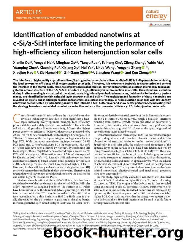 Identification of embedded nanotwins at c-Sia-Si:H interface limiting the performance of high-efficiency silicon heterojunction solar cells by unknow