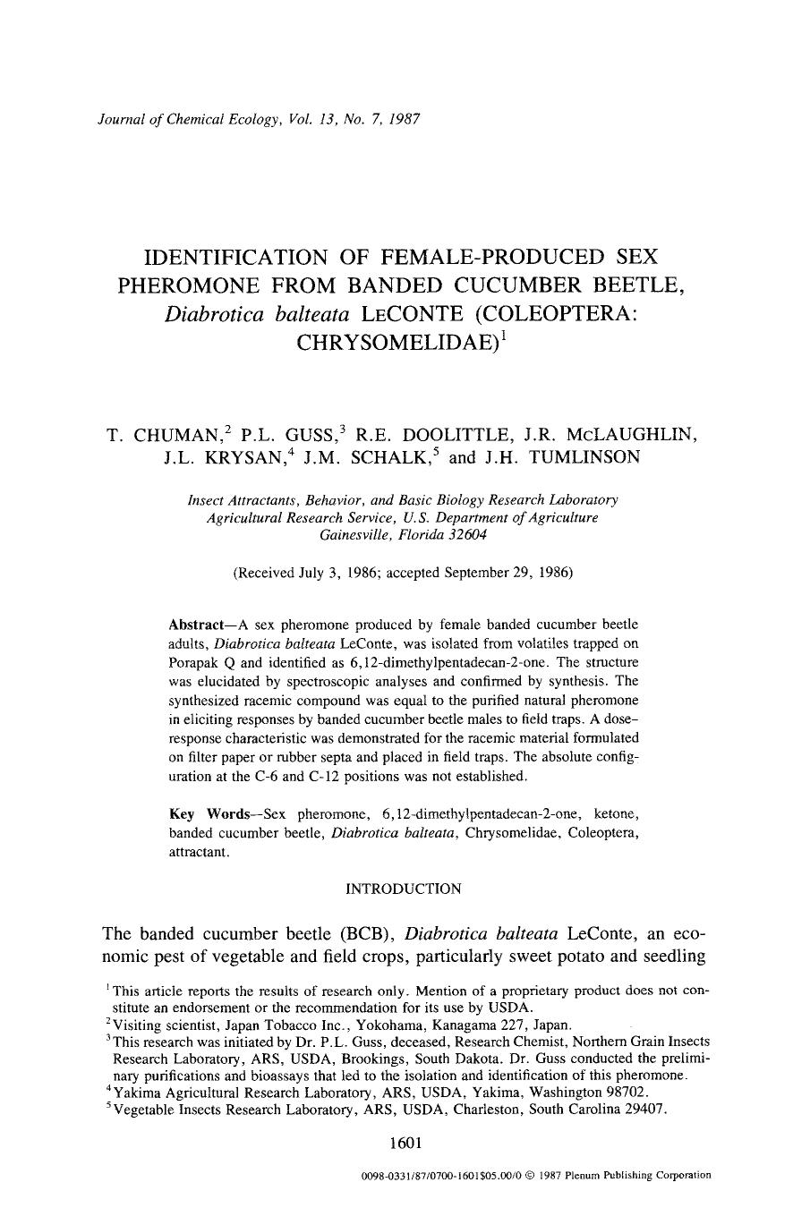 Identification of female-produced sex pheromone from banded cucumber beetle, <Emphasis Type="Italic">Diabrotica balteata <Emphasis> leconte (Coleoptera: Chrysomelidae) by Unknown