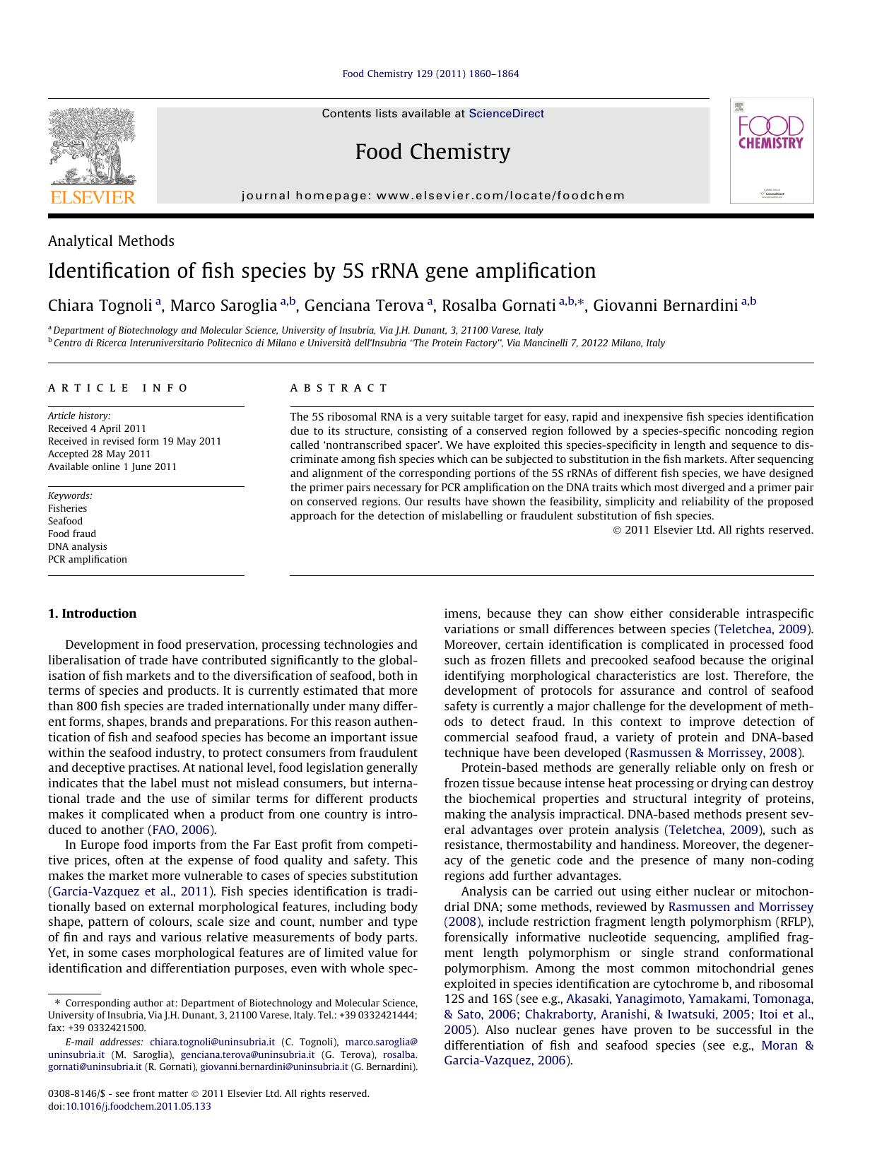 Identification of fish species by 5S rRNA gene amplification by Chiara Tognoli & Marco Saroglia & Genciana Terova & Rosalba Gornati & Giovanni Bernardini