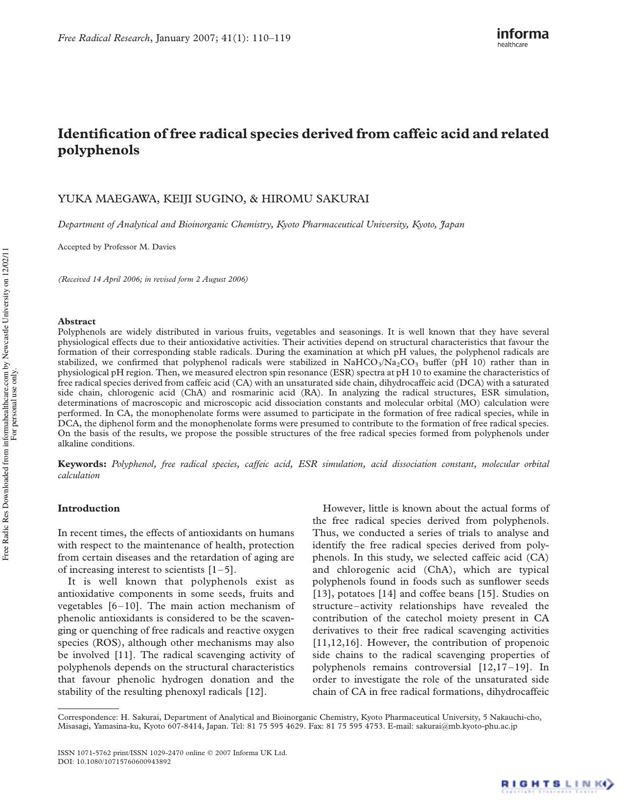 Identification of free radical species derived from caffeic acid and related polyphenols by Yuka Maegawa1 Keiji Sugino1 & Hiromu Sakurai1†