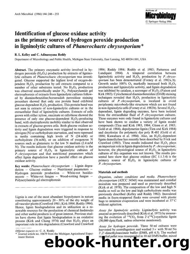 Identification of glucose oxidase activity as the primary source of hydrogen peroxide production in ligninolytic cultures of <Emphasis Type="Italic">Phanerochaete chrysosporium<Emphasis> by Unknown