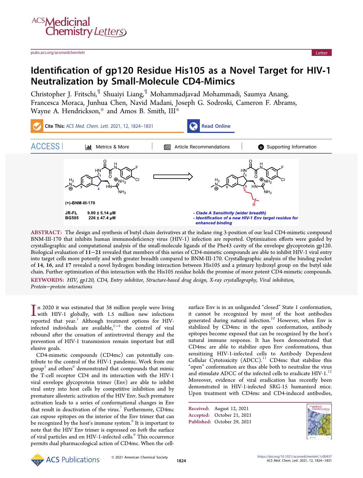 Identification of gp120 Residue His105 as a Novel Target for HIV-1 Neutralization by Small-Molecule CD4-Mimics by unknow