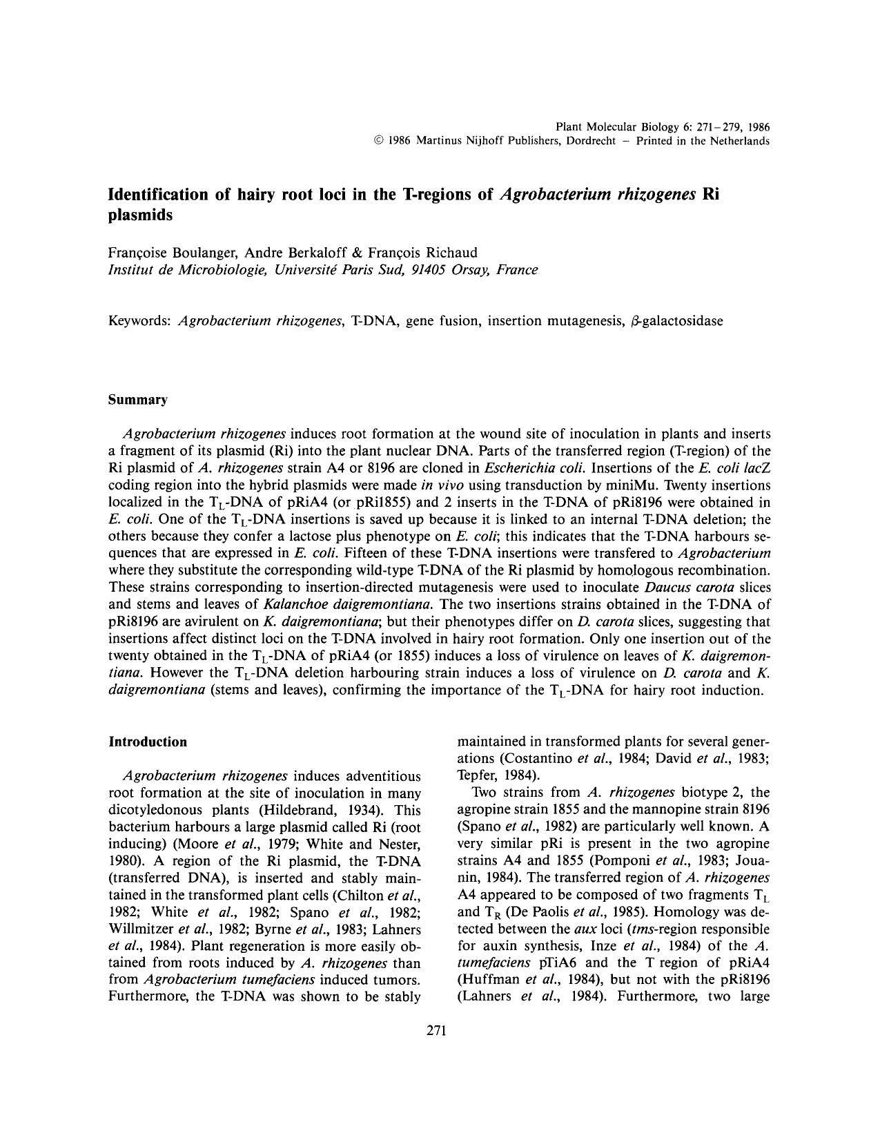 Identification of hairy root loci in the T-regions of <Emphasis Type="Italic">Agrobacterium rhizogenes<Emphasis> Ri plasmids by Unknown