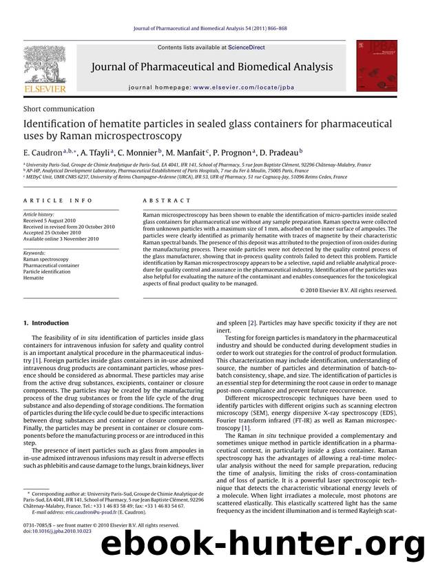Identification of hematite particles in sealed glass containers for pharmaceutical uses by Raman microspectroscopy by E. Caudron